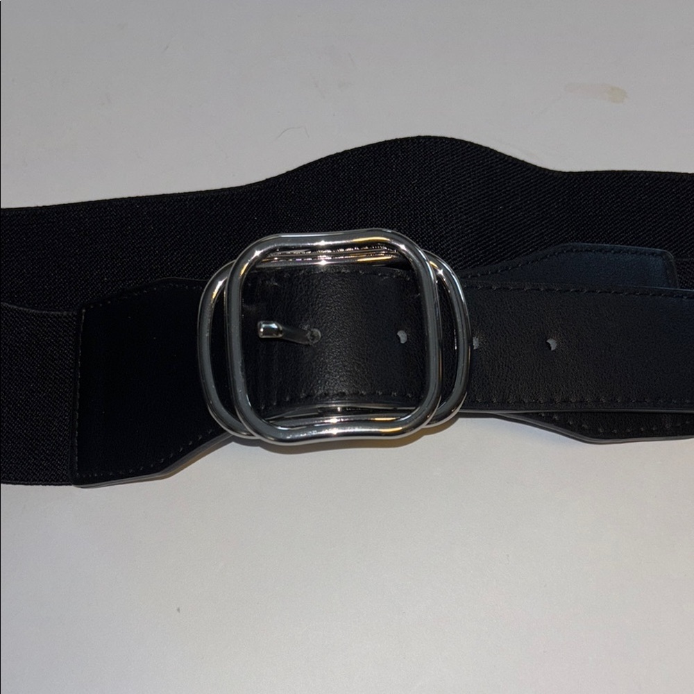 Black Elastic Belt with Silver Buckle Vegan Leather